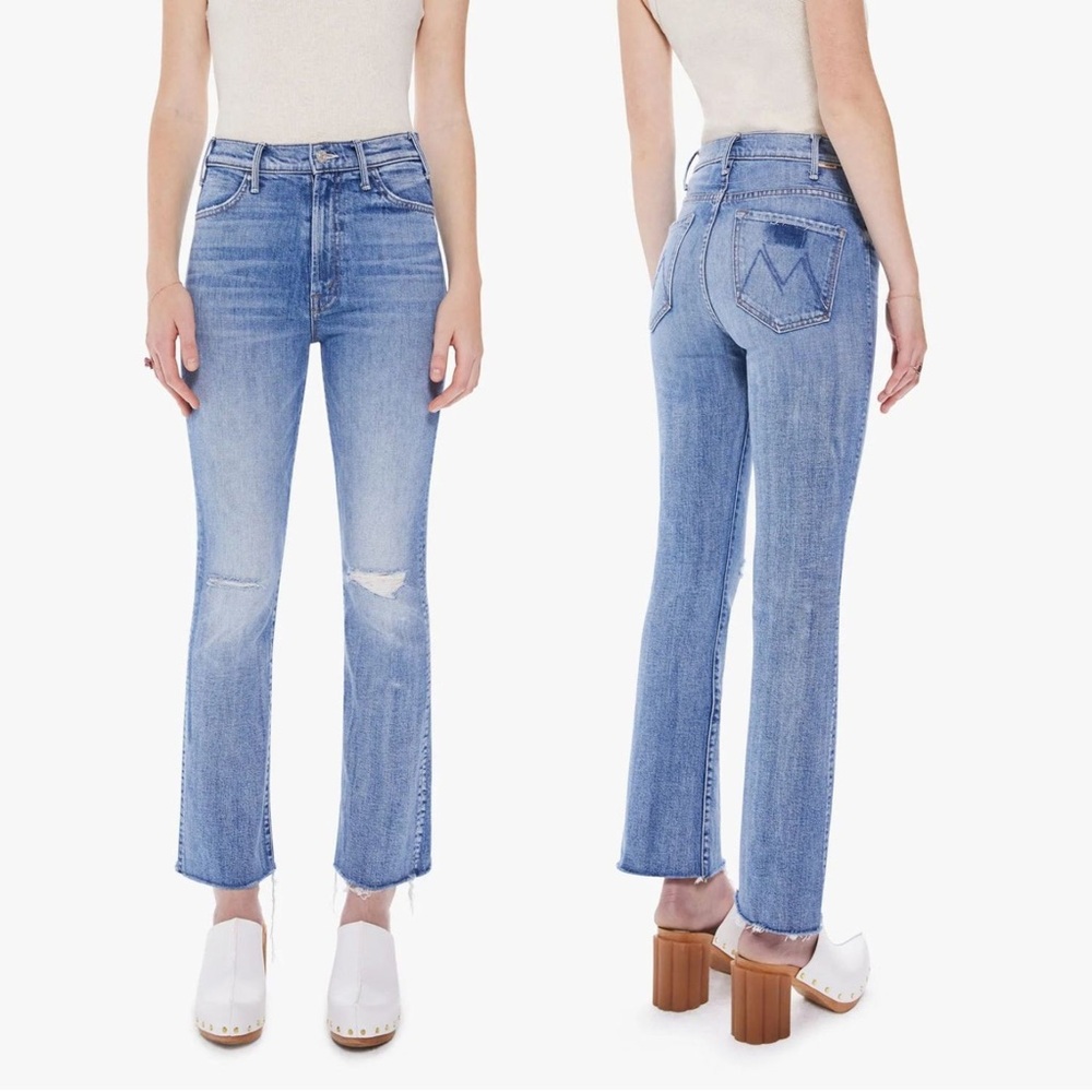 MOTHER The Hustler Ankle Fray Jeans in Crashing Hard Distressed Medium Wash 28